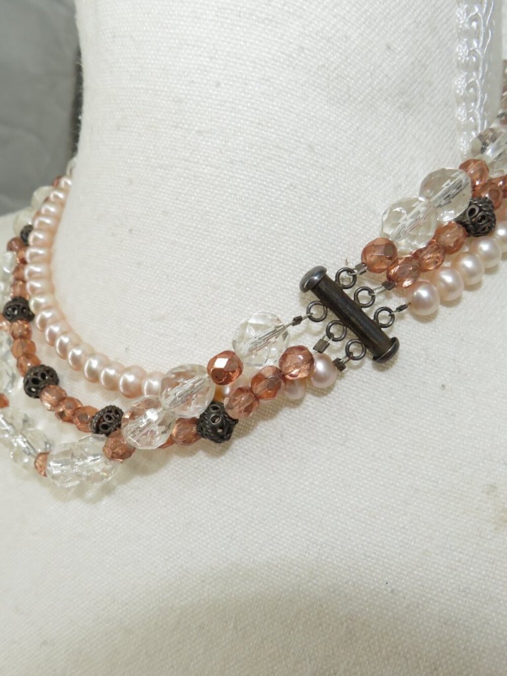 Vintage multi strand beaded necklace pink pearl amber faceted beads 16in - Picture 3 of 5